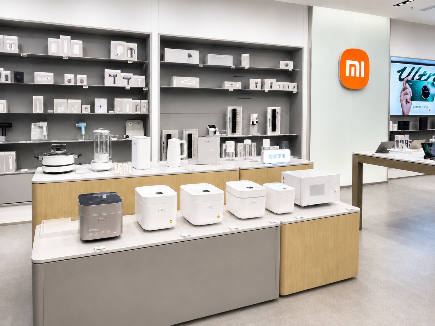 Xiaomi Mobile Store smart home and lifestyle display zone with accessories, small appliances, shelving, display island, and Xiaomi branding
