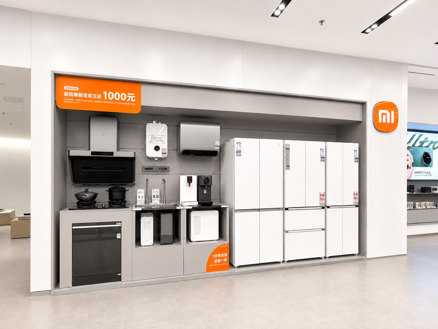 Xiaomi Mobile Store kitchen and appliance showcase wall with refrigerators, kitchen products, orange promotion signage, and integrated retail fixtures