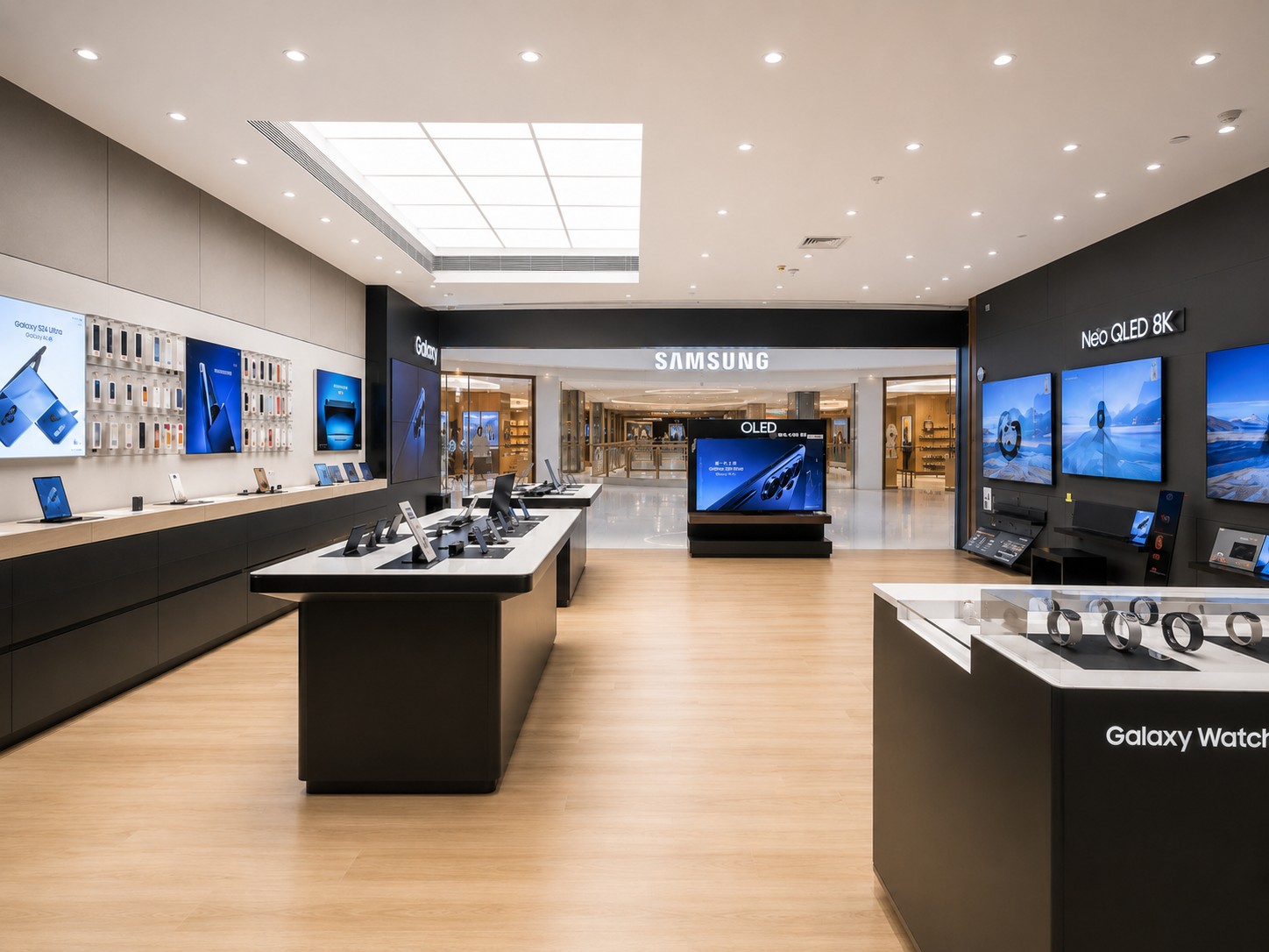 Samsung mobile retail store wide interior view showing display tables, Galaxy wall, and store circulation