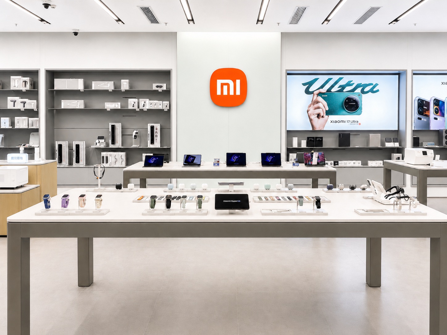 Xiaomi Mobile Store interior with central smartphone display table, Xiaomi logo, digital screens, accessory walls, and bright open retail layout