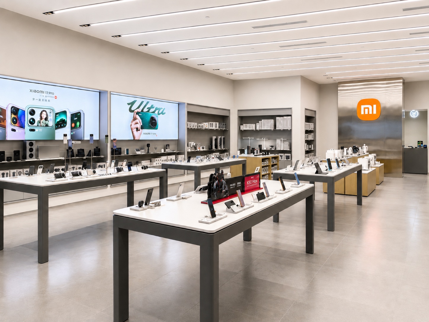 Xiaomi Mobile Store wide overview with product tables, wall screens, accessory displays, Xiaomi logo, and integrated smart device retail layout