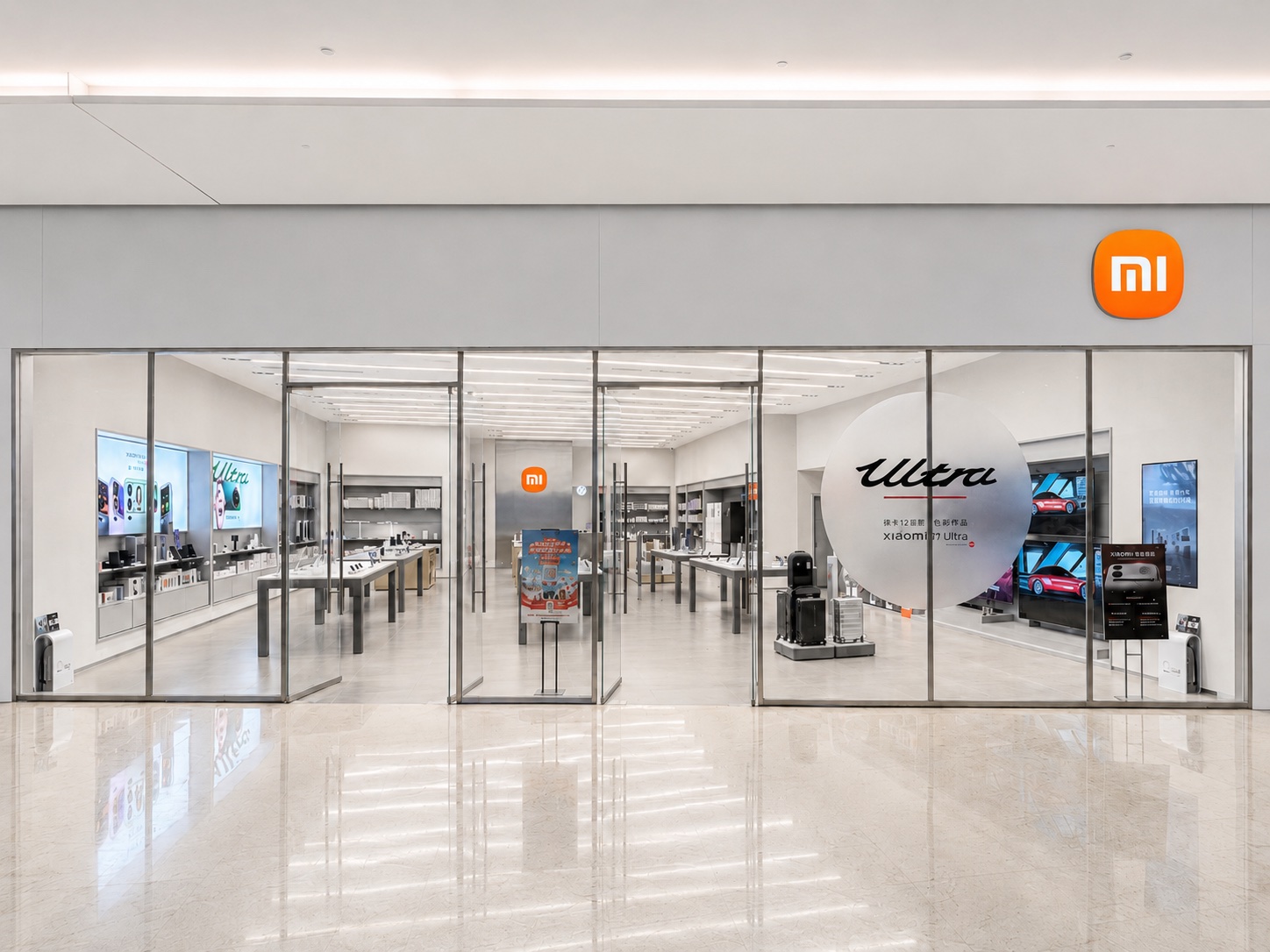 Xiaomi Mobile Store glass storefront with transparent facade, Xiaomi logo, product tables, Ultra campaign display, and open mall-facing entrance