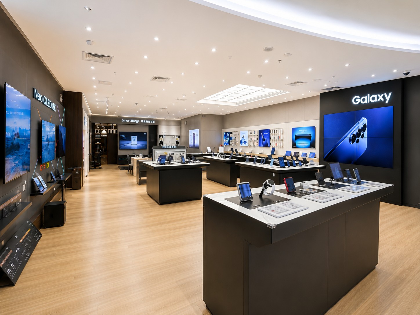 Samsung mobile store interior flow with display tables and Galaxy wall