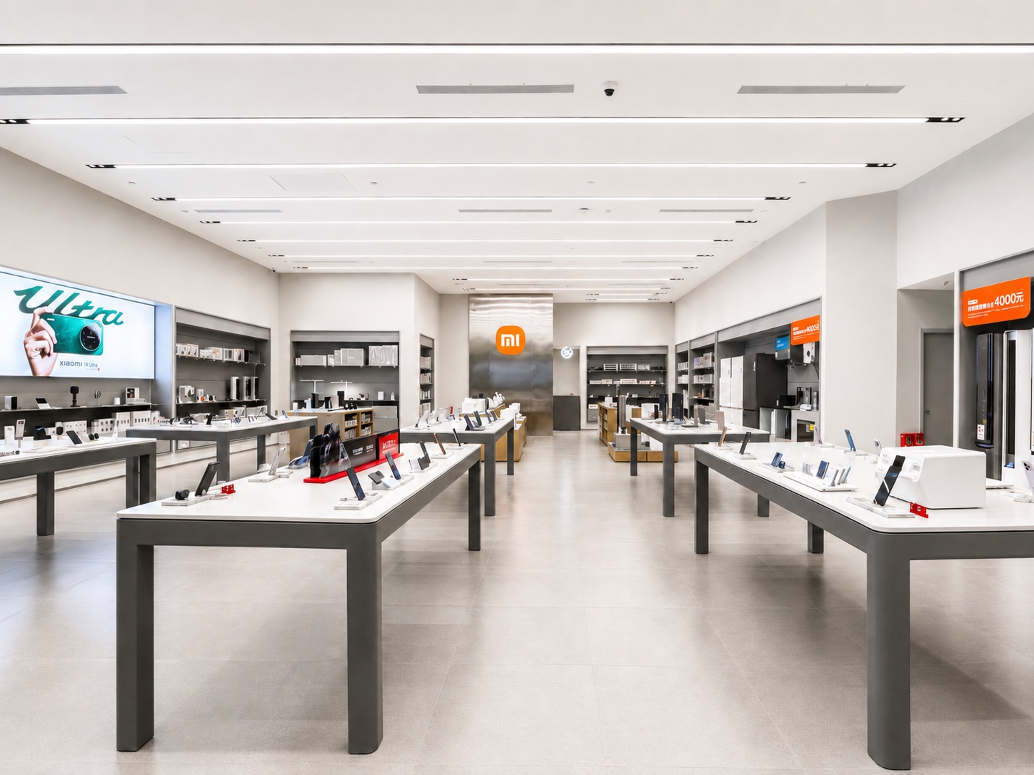 Xiaomi Mobile Store central aisle with evenly spaced smartphone tables, clean lighting, accessory walls, and clear customer flow