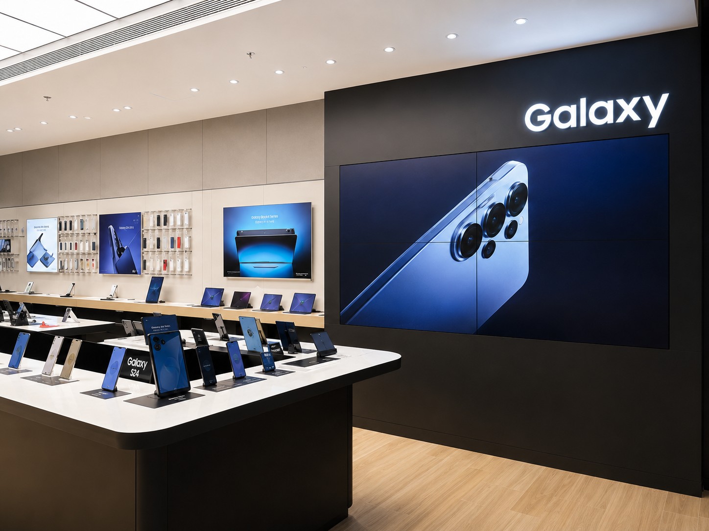 Galaxy product display table detail with phones, watches, labels, and security holders