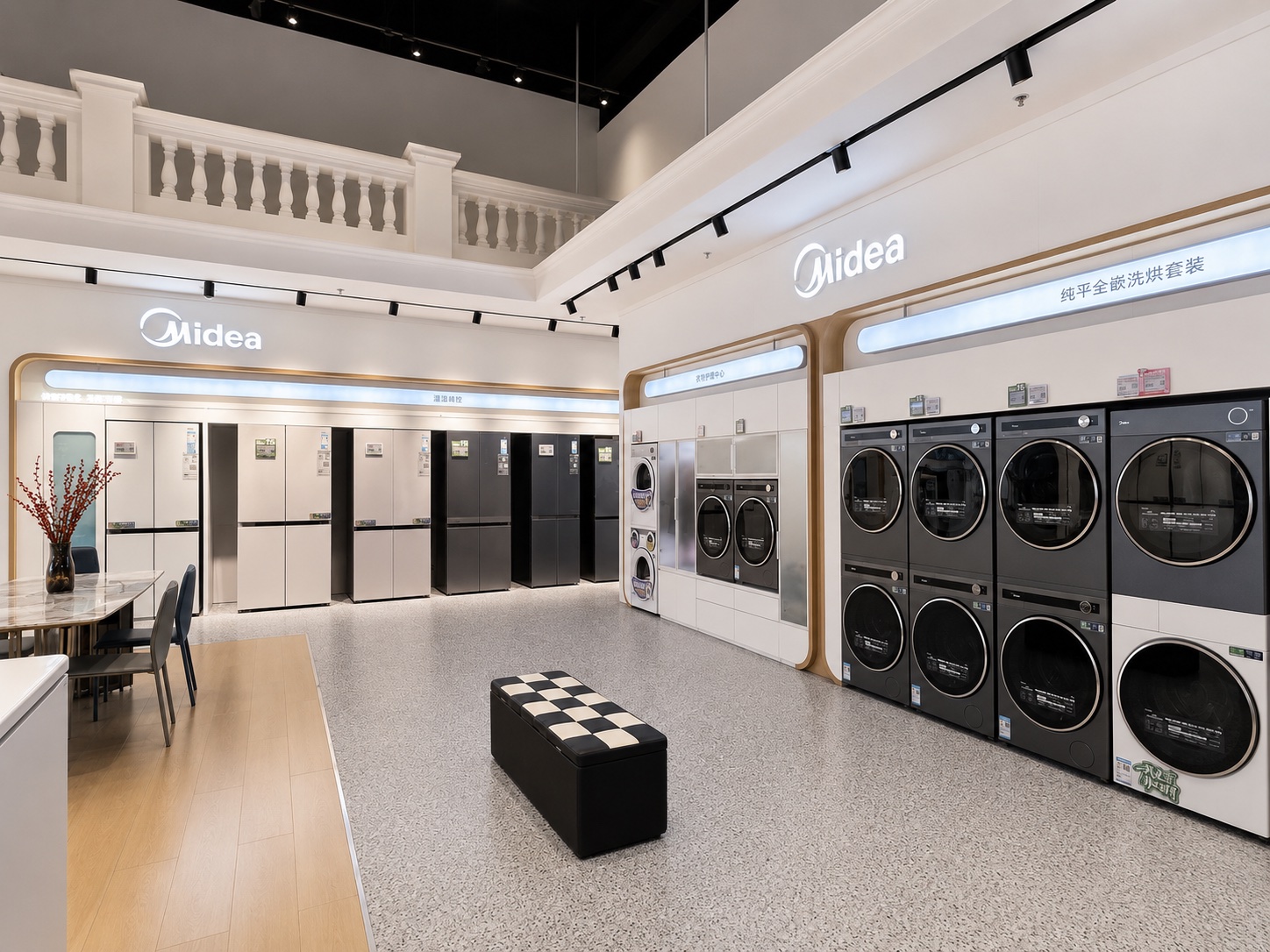 Midea laundry category experience zone with washing machines, dryers, refrigerator area, seating zone and illuminated showroom fixtures