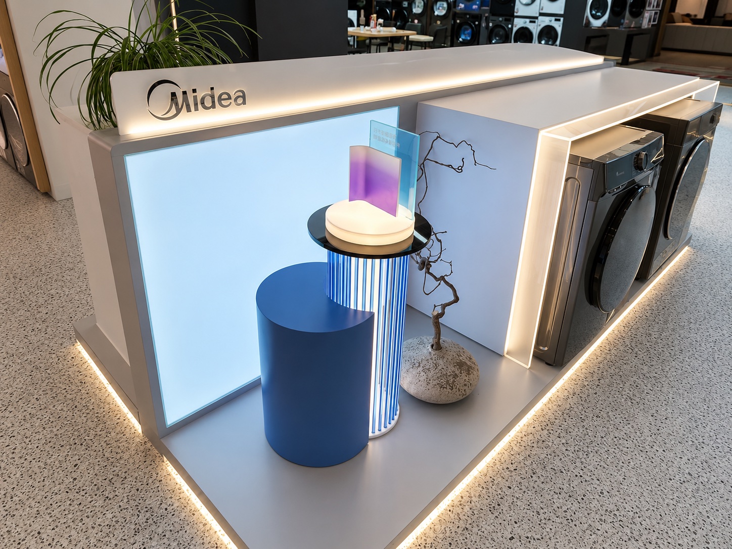Midea material lighting and display detail with backlit panel, curved display forms, blue accent lighting, appliance fixtures and refined finishing