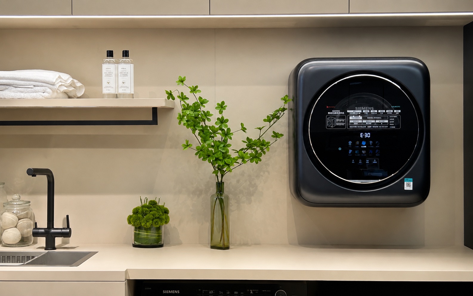 Siemens laundry display detail with appliance, shelf, sink, and home-life props