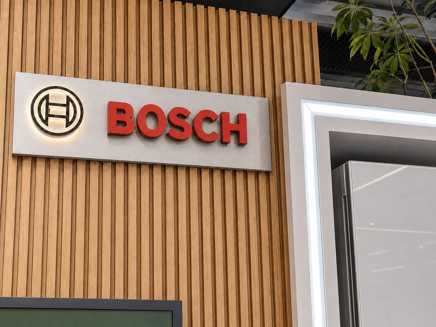 Close architectural detail of restrained red BOSCH logo on brushed metal and fresh light-oak slats beside the illuminated refrigerator frame