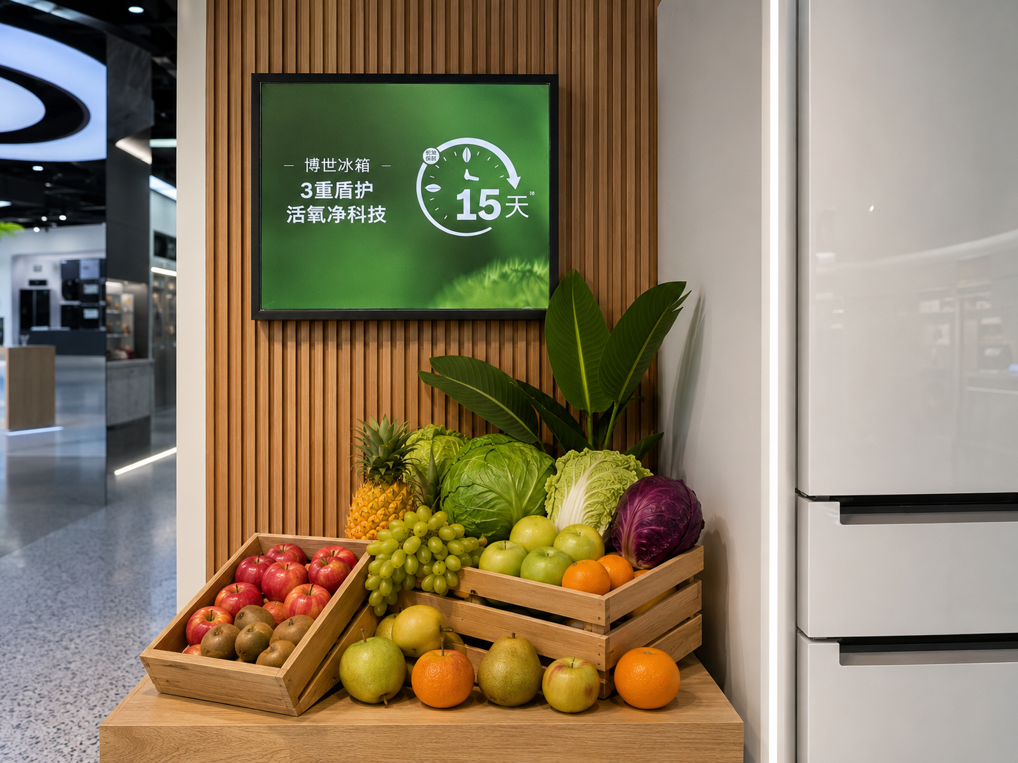 Close-up of green Bosch 15-day freshness screen above real fruit and vegetables in clean light-wood crates beside the glossy refrigerator edge