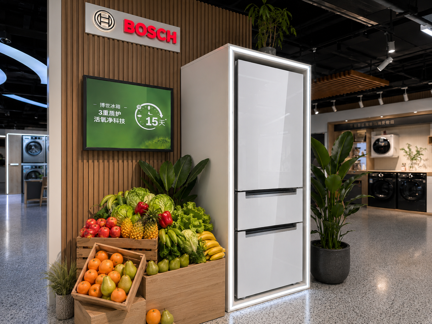 Complete front view of Bosch refrigerator demo display with glossy closed appliance, illuminated frame, Bosch logo, 15-day freshness screen, real produce crates and plant in a retail showroom
