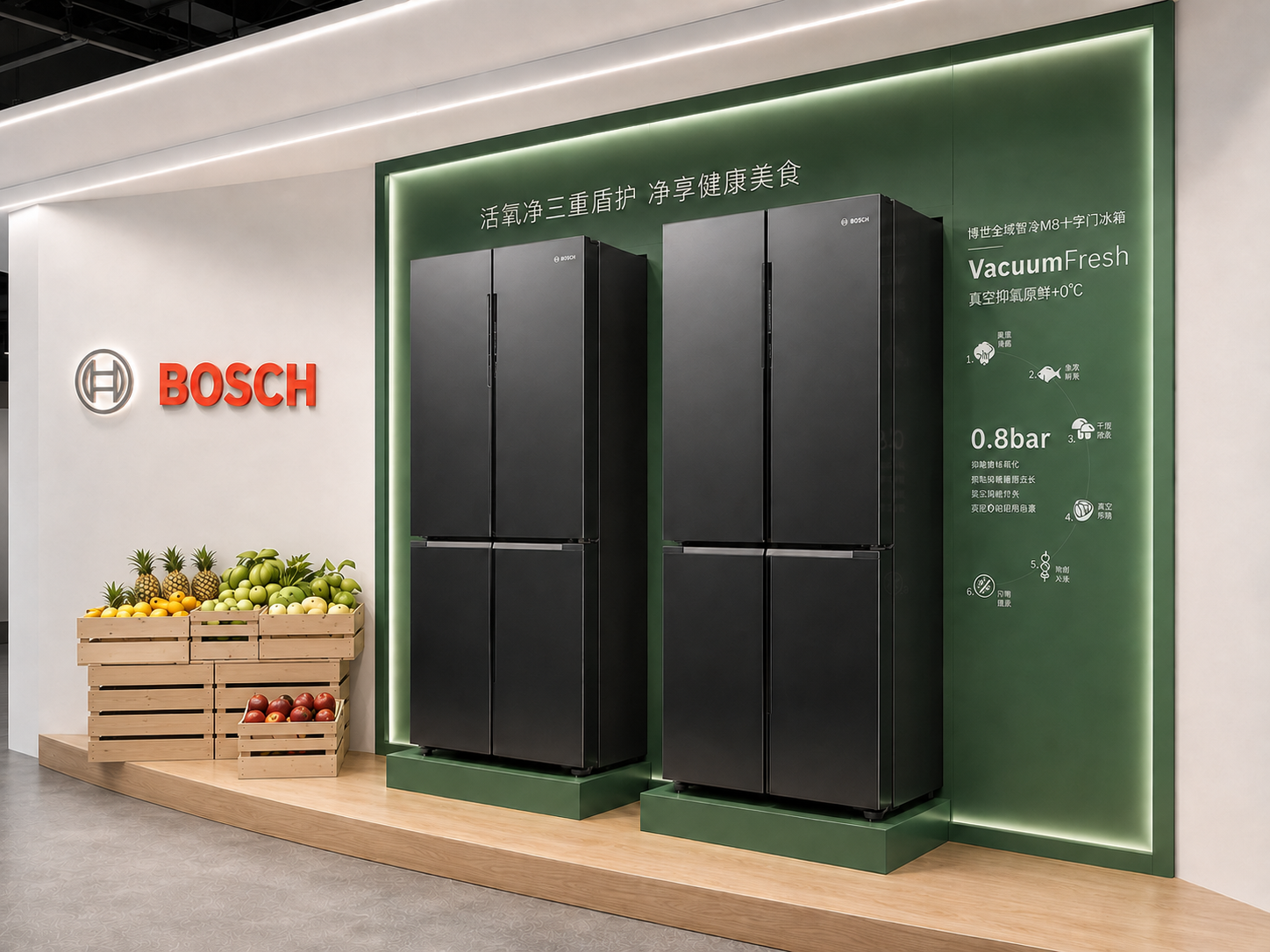 Two closed dark Bosch refrigerators beside illuminated VacuumFresh feature graphics, clean produce crates and oak platform