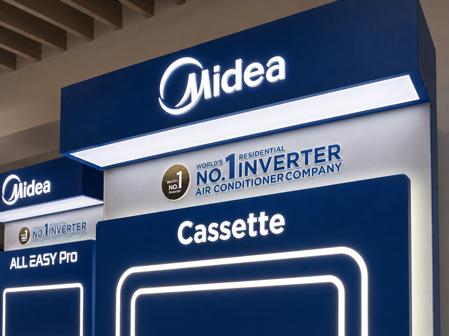Close architectural detail of illuminated Midea header, No.1 Inverter claim band, Cassette title and integrated light outline