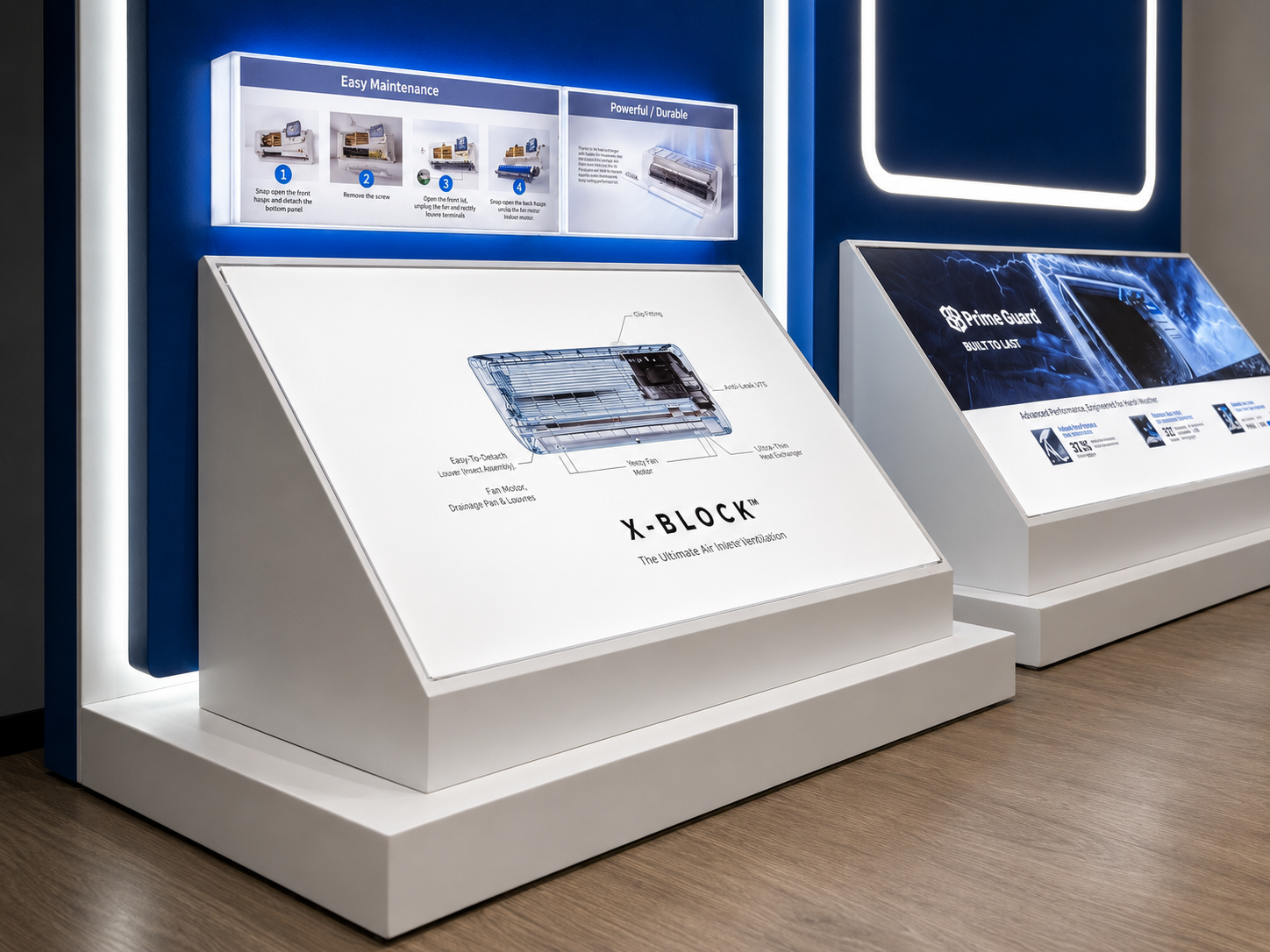 Close-up of Midea X-BLOCK and Prime Guard angled technical information decks, blue panels, vertical light channels and separate white plinths