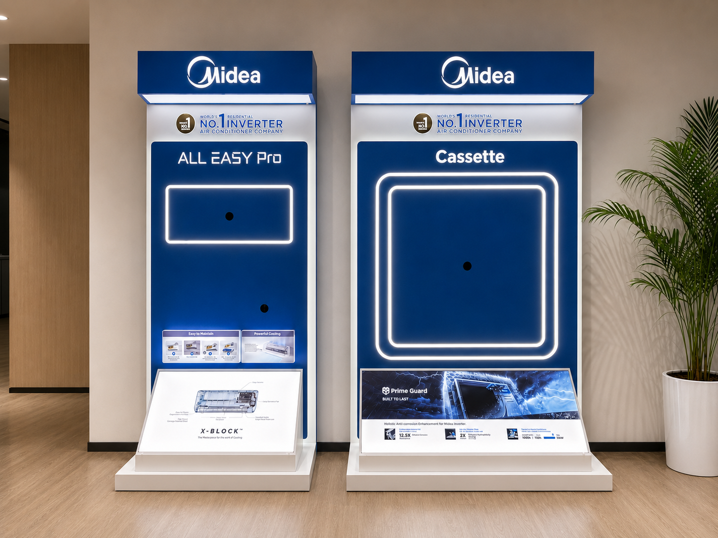 Corrected wide front view of empty Midea ALL EASY Pro and Cassette air conditioner display towers with illuminated mounting outlines and separate information decks