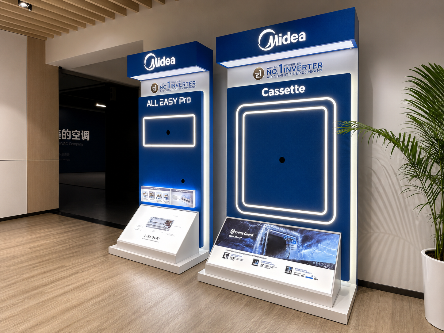 Midea paired air conditioner demonstration display with ALL EASY Pro and Cassette towers, illuminated logos, glowing mounting outlines and angled technical information decks in a showroom