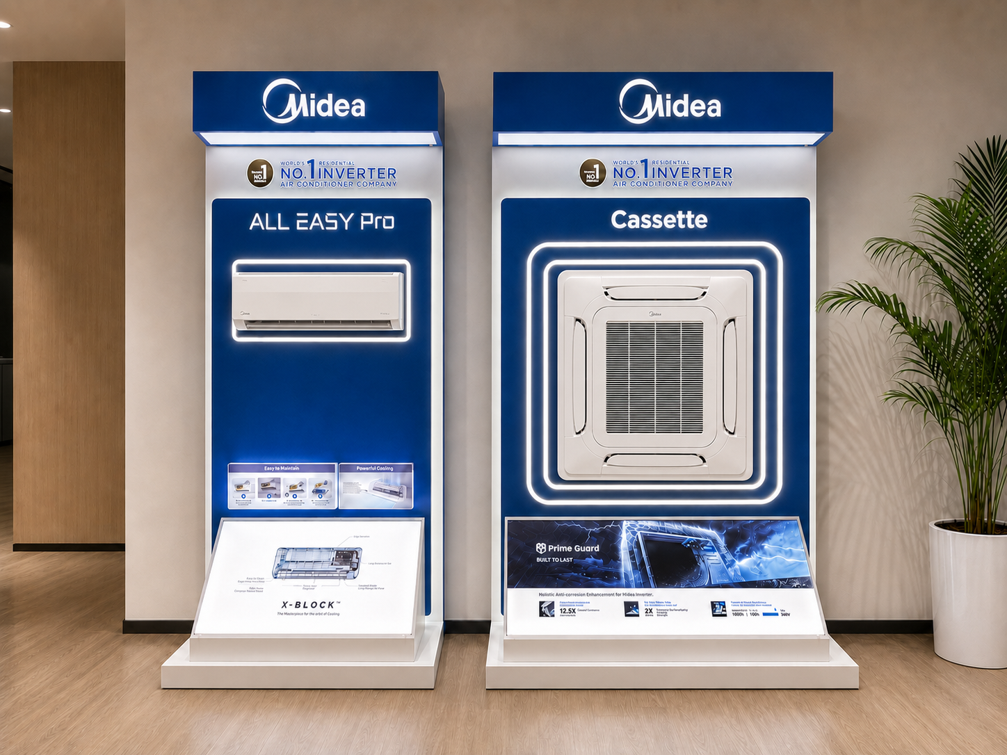 Front view of Midea paired HVAC demonstration towers with a wall-mounted ALL EASY Pro indoor unit and four-way Cassette air conditioner panel installed inside illuminated outlines