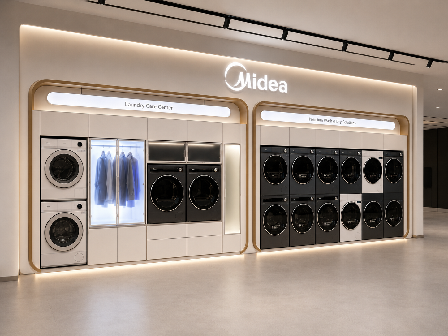 Angled showroom view of the complete Midea laundry care experience wall with illuminated Midea logo, gold architectural frames, demonstration cabinet and modular appliance matrix