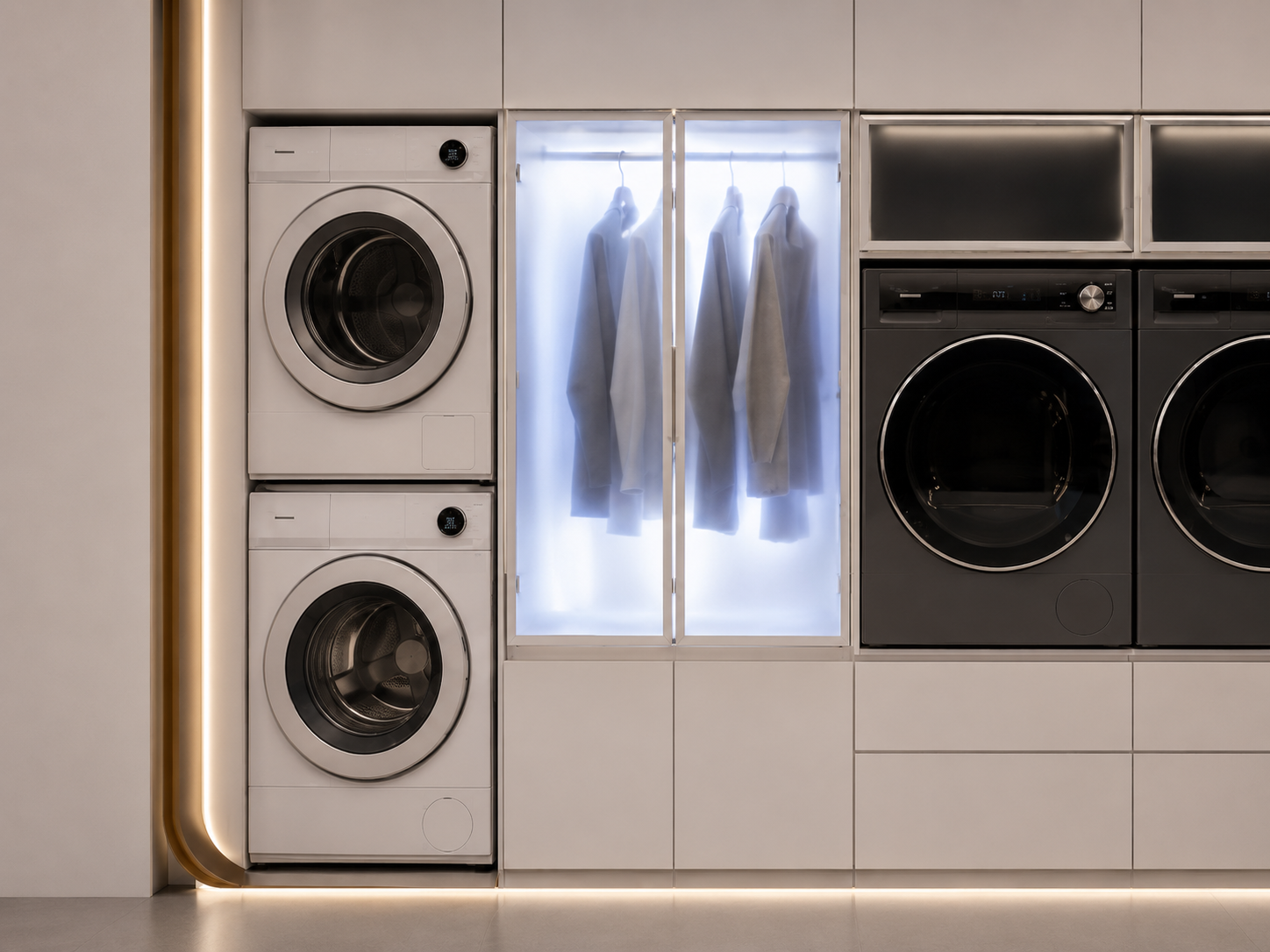 Close view of Midea laundry demonstration zone with stacked white appliances, illuminated garment-care cabinet, dark washer-dryer units and integrated warm edge lighting