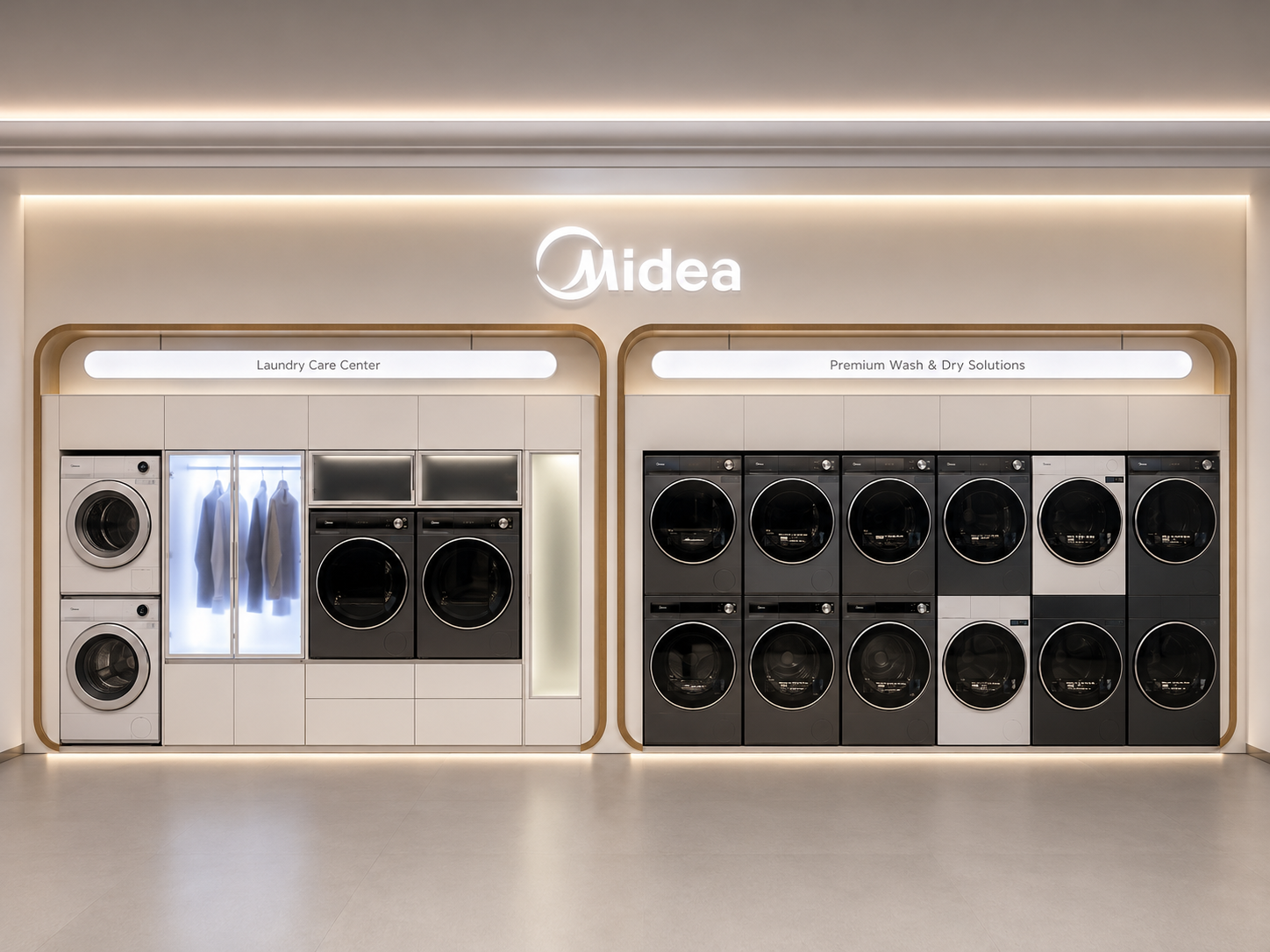 Front view of Midea laundry care experience wall with two gold-framed display zones, illuminated signage, stacked laundry appliances, lit garment-care cabinet and two-row washer-dryer matrix