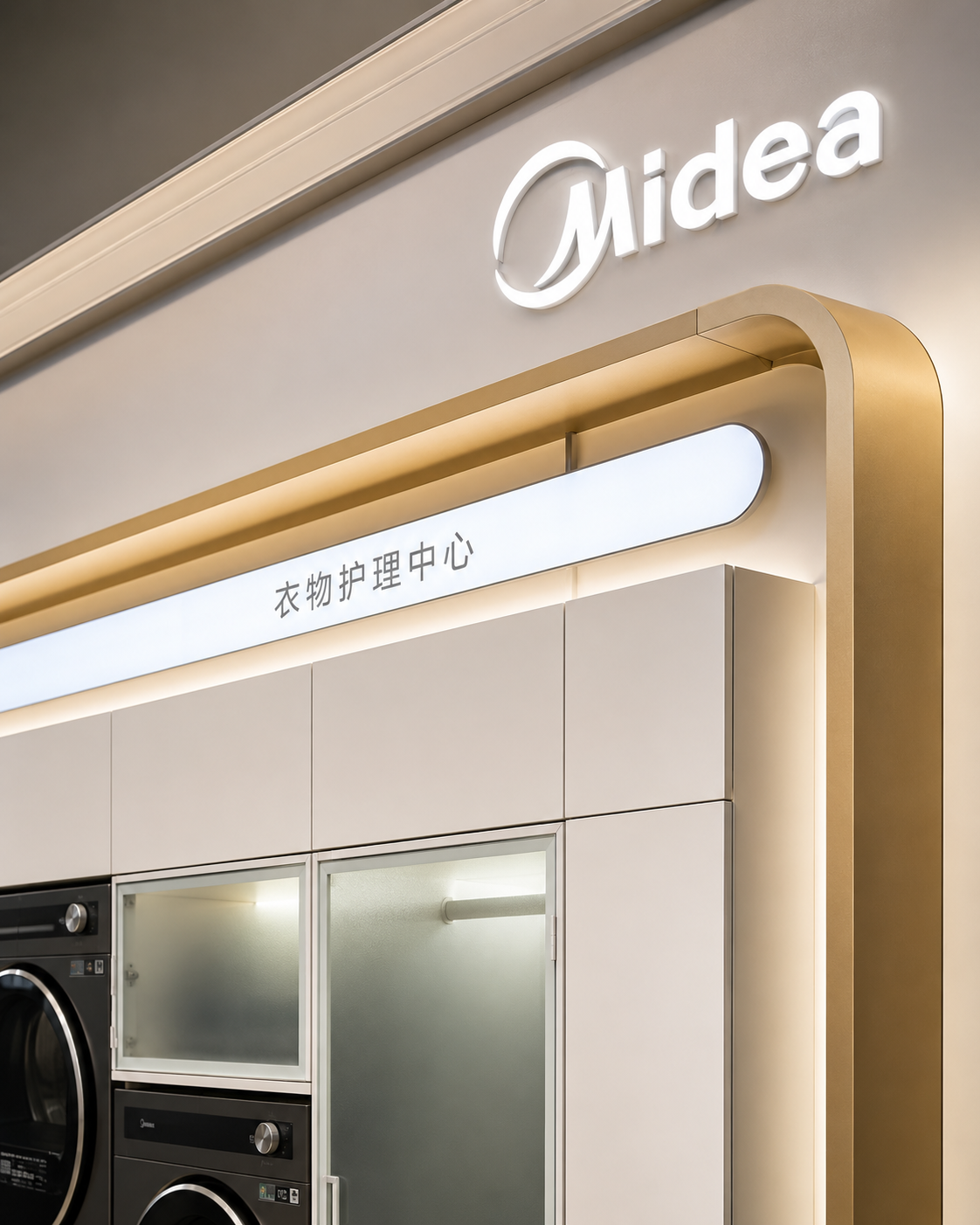 Architectural close-up of illuminated Midea logo, category lightbox, gold rounded frame, warm edge lighting and precise warm-white cabinet panel joints