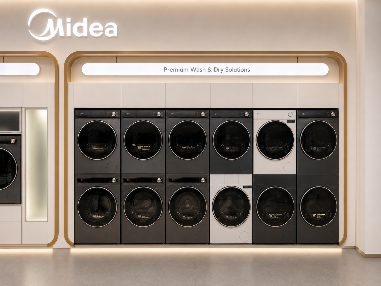 Close front view of Midea premium wash-and-dry product matrix with two aligned rows of black and white laundry appliances inside a gold rounded frame