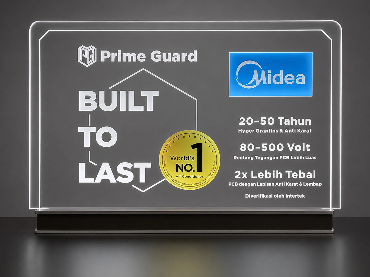 Close view of the Midea Prime Guard lightbox showing its illuminated outline, brand identity and graphic composition