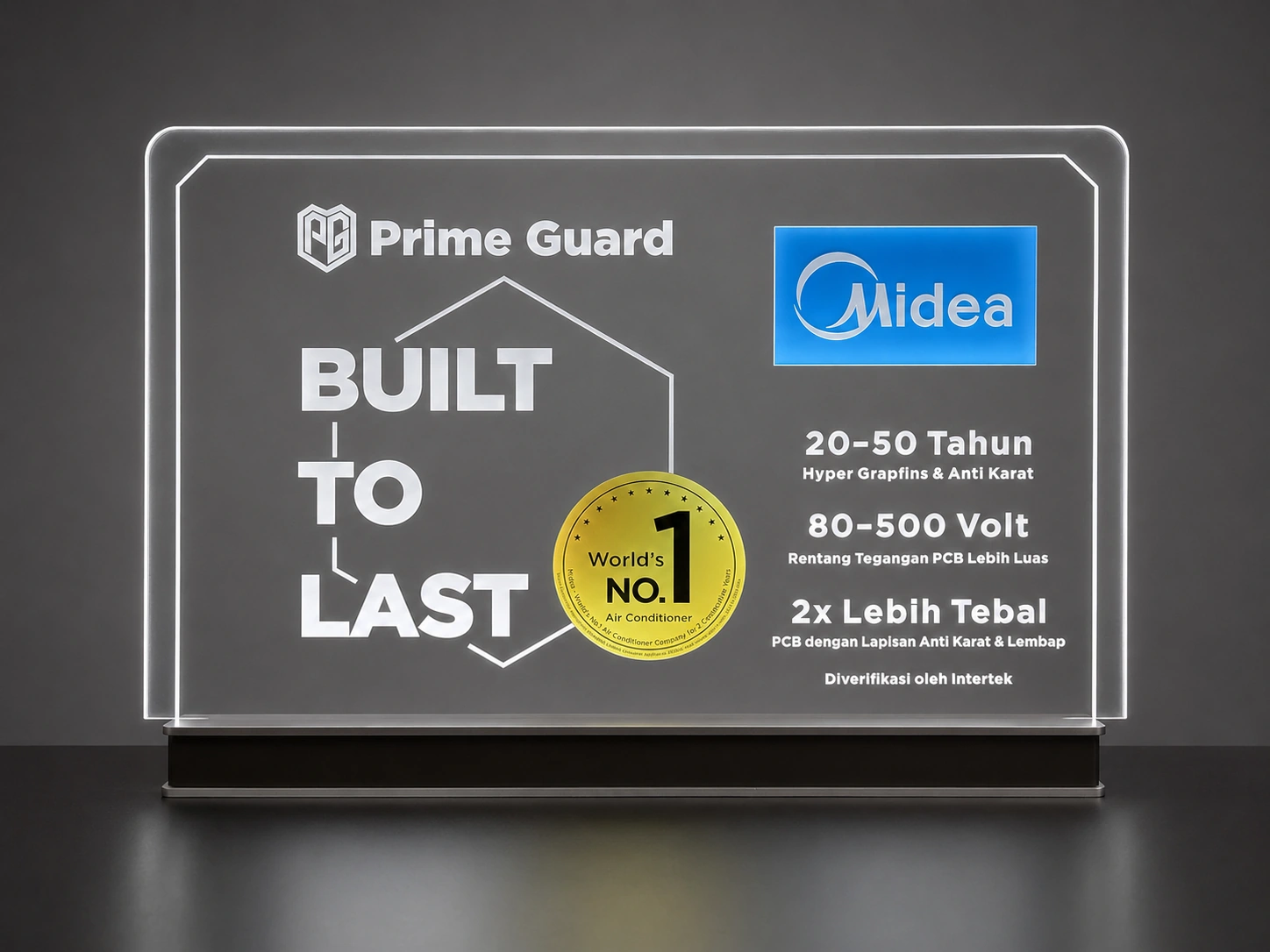 Front view of the completed Midea Prime Guard illuminated acrylic lightbox with a black metal base
