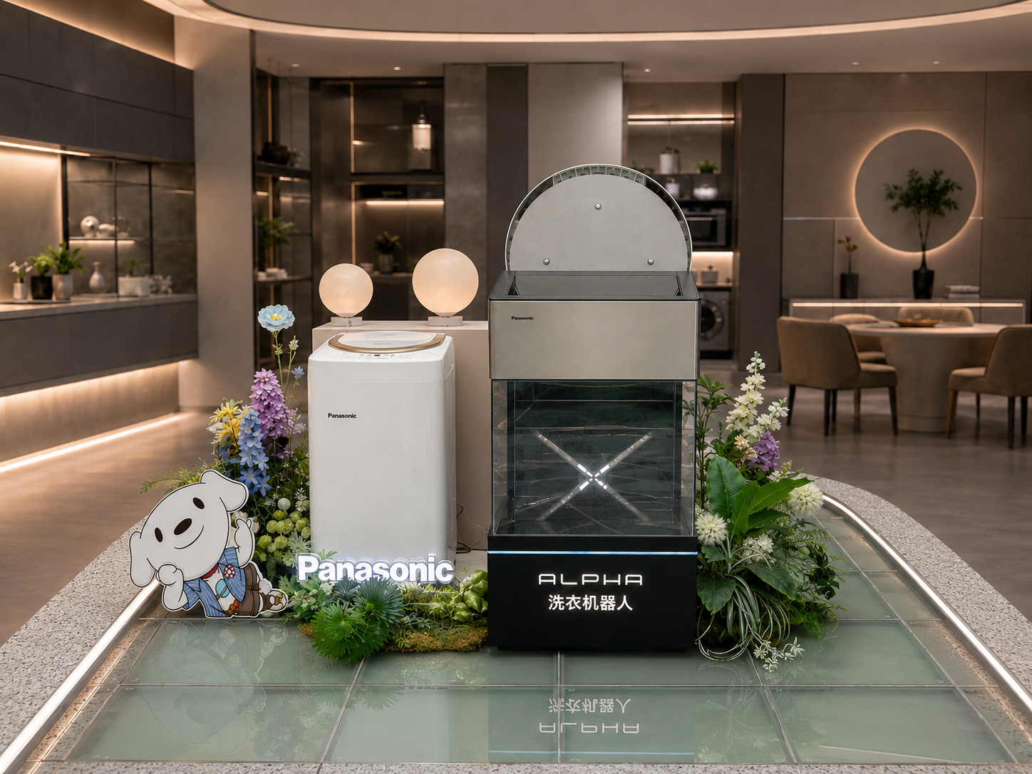 Front view of the complete Panasonic ALPHA interactive demo scene with laundry robot display, companion appliance, flowers, character graphic and glass platform
