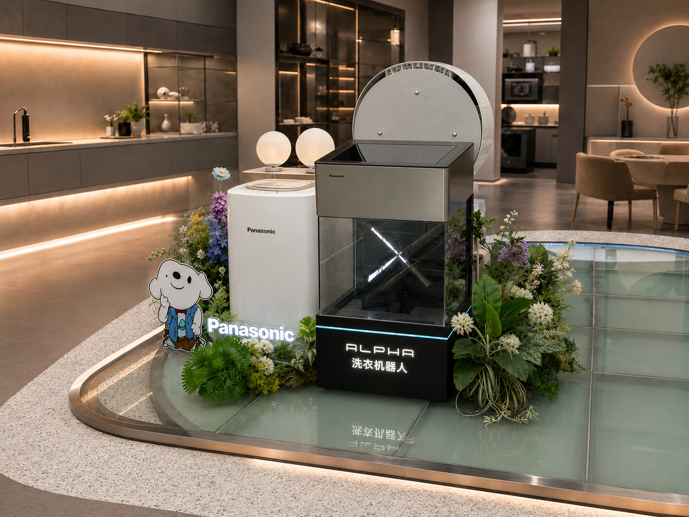 Wide view of complete Panasonic ALPHA branded retail display scene on a glass platform with companion appliance, planting and illuminated signage