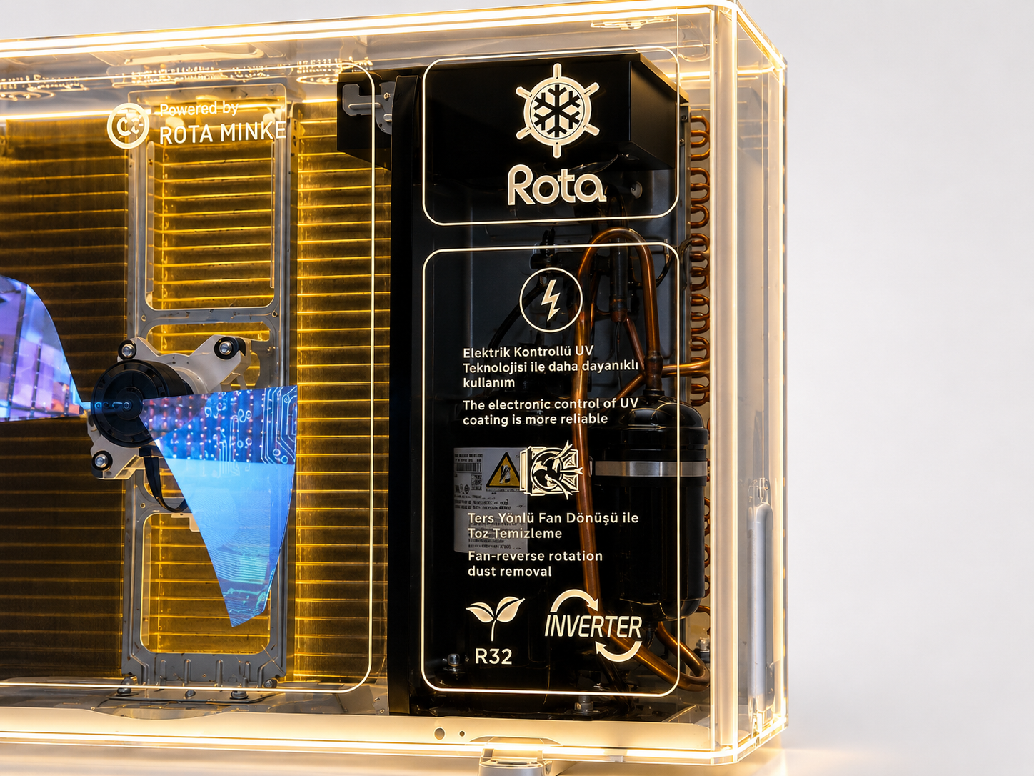 Close detail of Rota HVAC display showing branded information panel, compressor section and copper tubing inside acrylic enclosure
