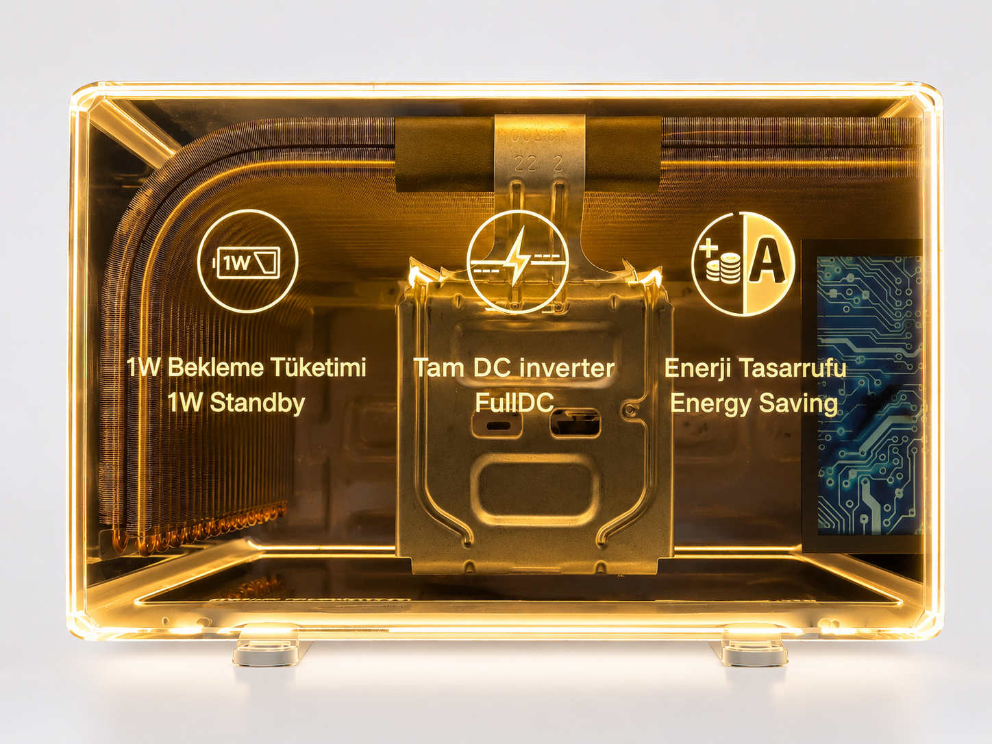 Detailed front view of Rota HVAC display interior showing coil section and energy-saving icons in illuminated transparent case