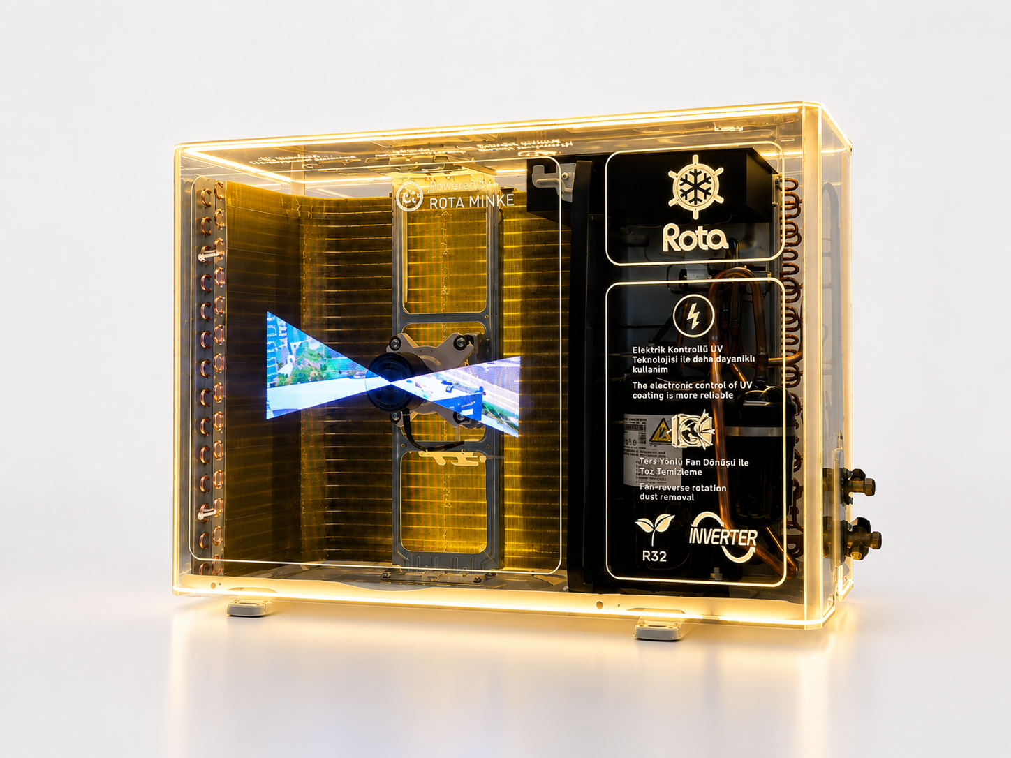 Three-quarter studio view of Rota HVAC transparent demo display showing full acrylic body, internal fan blade and branded technical zone