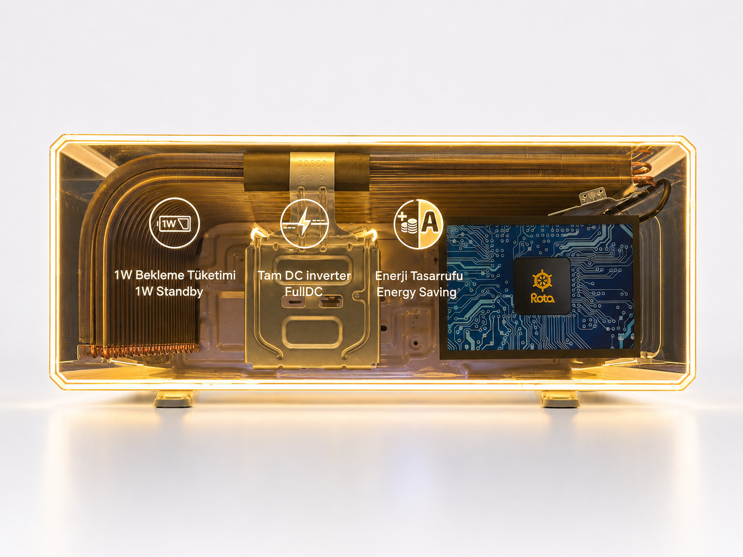 Front product view of Rota HVAC transparent demo display showing energy-saving graphics, coil structure and illuminated acrylic enclosure