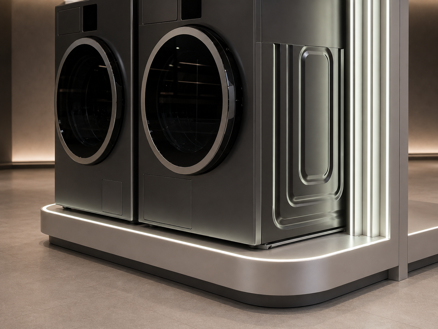 Rounded silver-gray base, perimeter light, graphite appliance panels and nested frame detail on Samsung Bespoke AI display