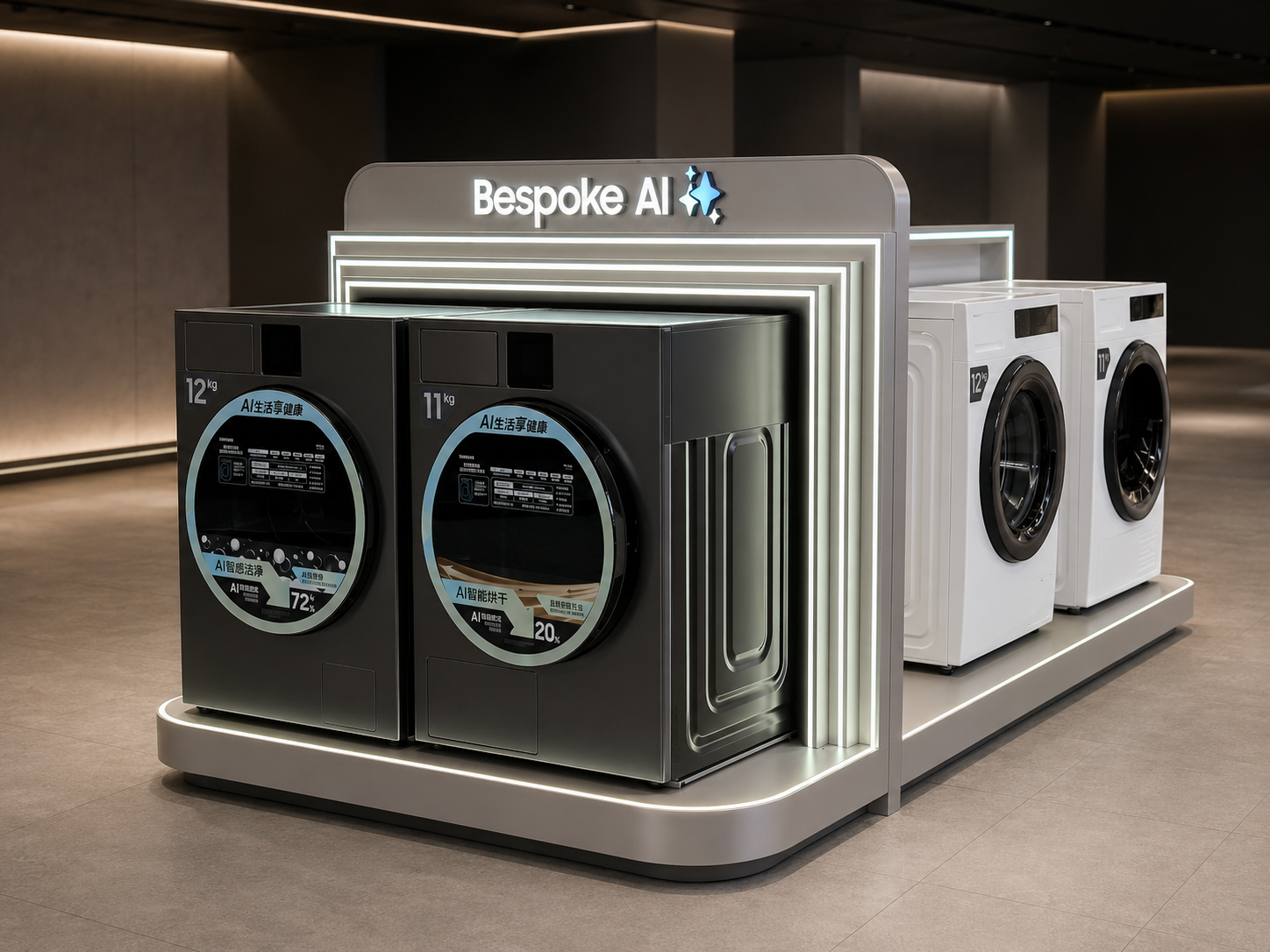 Samsung Bespoke AI washer display island with four appliances, nested illuminated frames, branded header and rounded platform