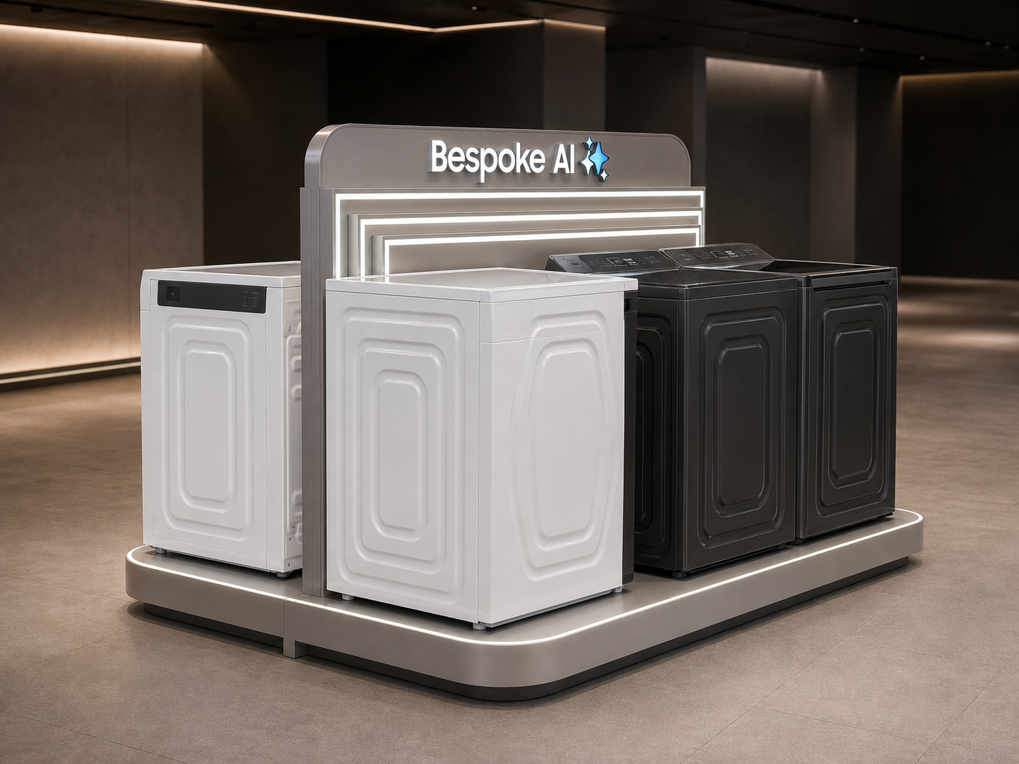 Rear three-quarter view of Samsung Bespoke AI washer display showing white and dark appliances on one double-sided platform