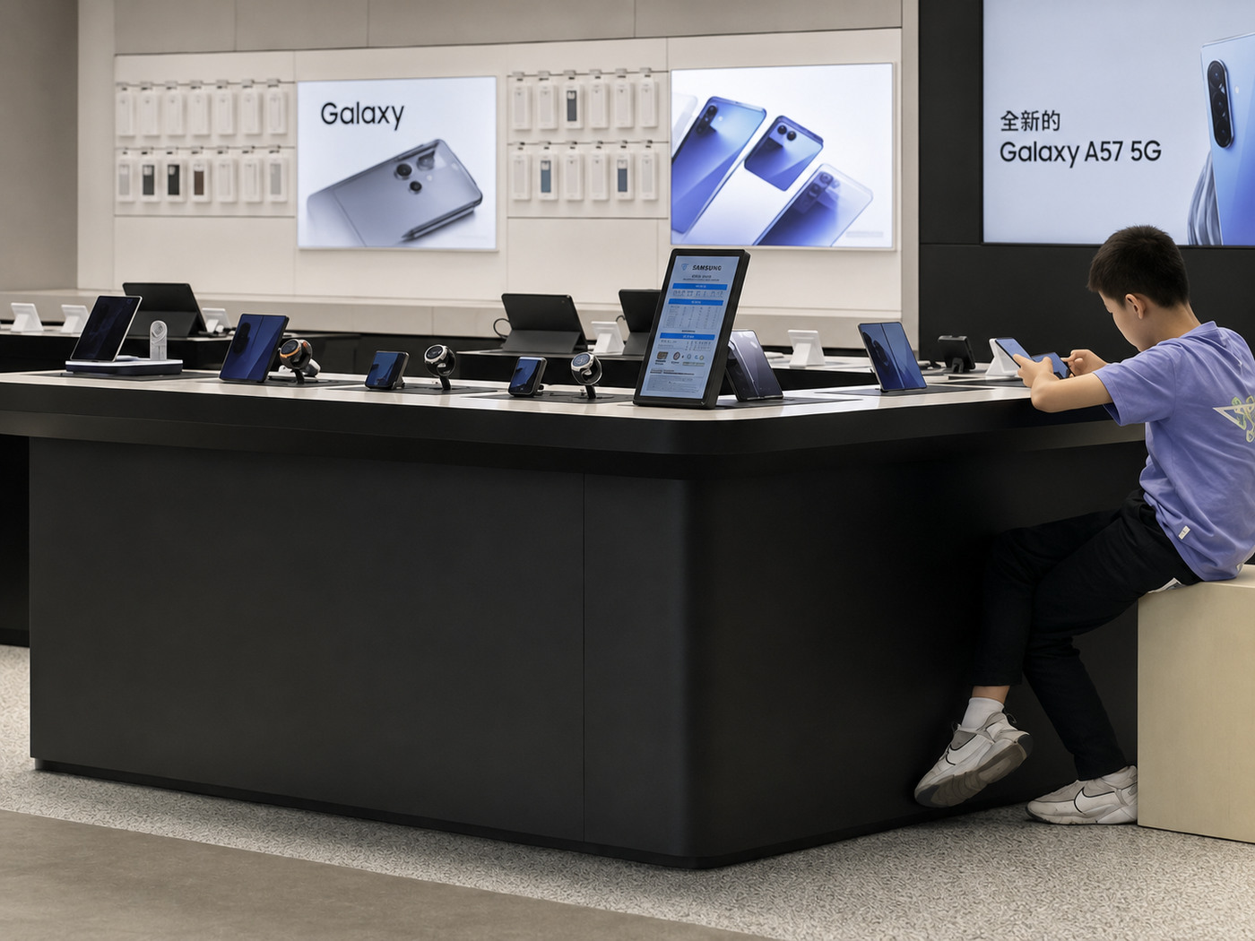 Customer trying a smartphone at a Samsung mobile experience table with multiple hands-on device positions
