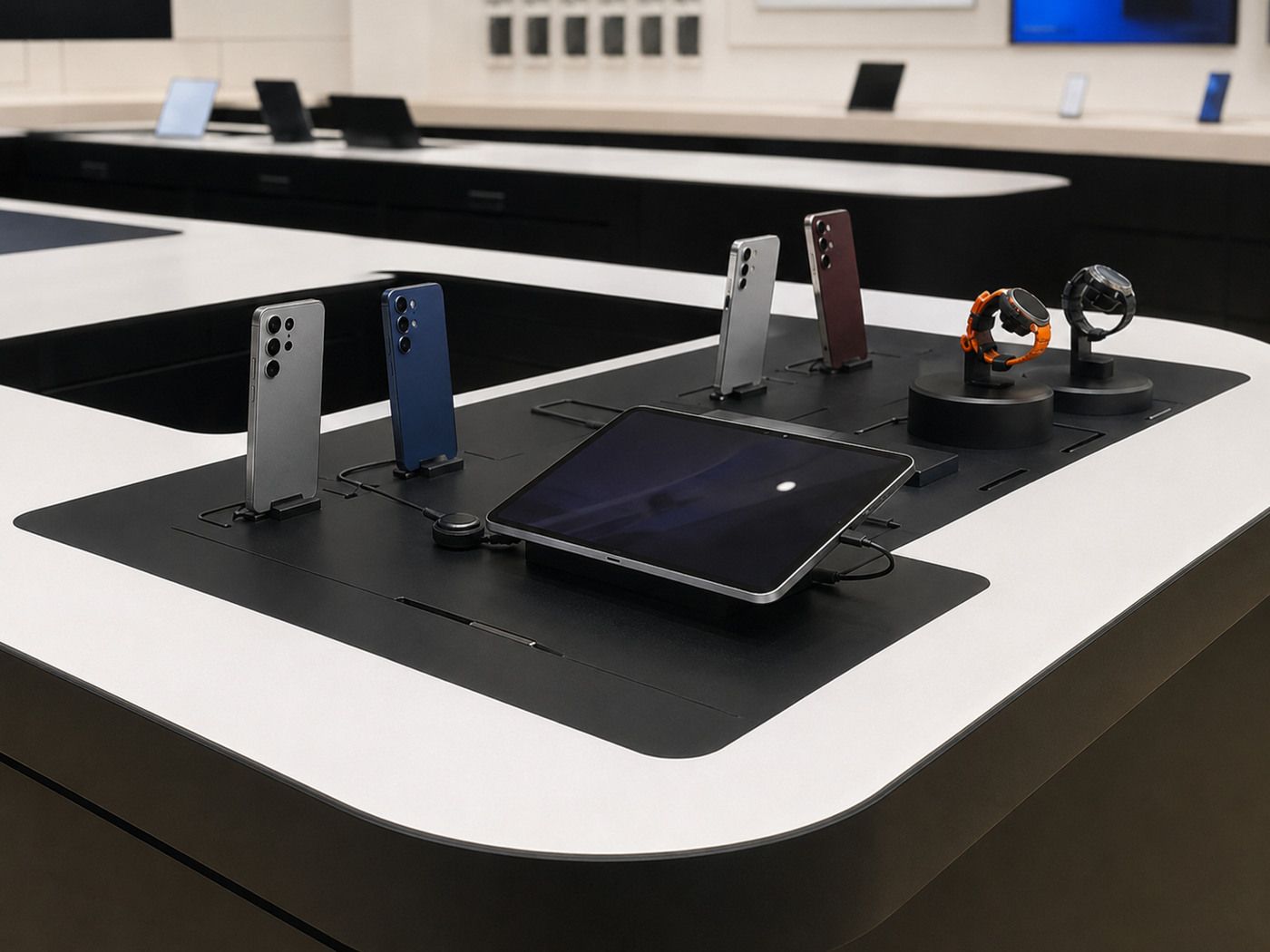 Samsung phones, tablet and watches arranged on inset black device plates with security stands, charging and cable entry points