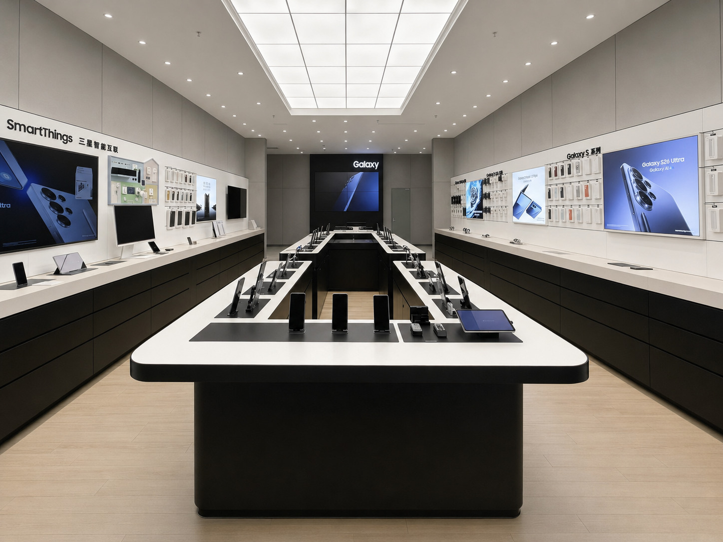 Front view of Samsung mobile experience table with organized phones, tablet and wearable display zones in a Galaxy retail store