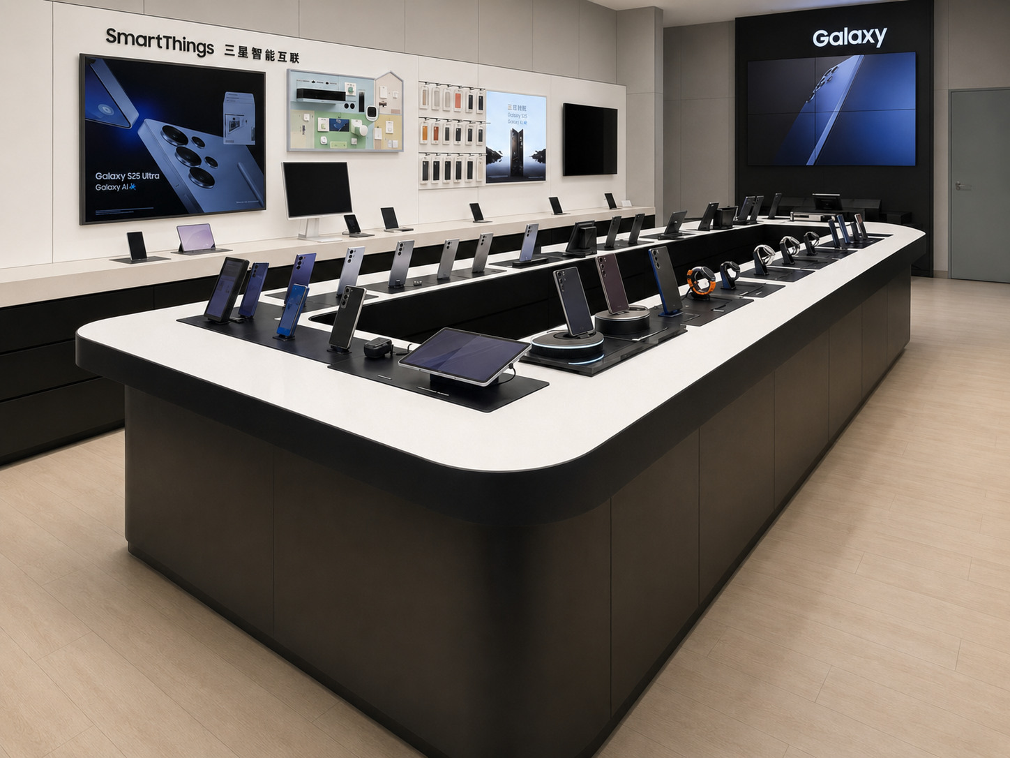 Three-quarter view of Samsung mobile experience table showing rounded white countertop, matte-black cabinet and multiple device zones
