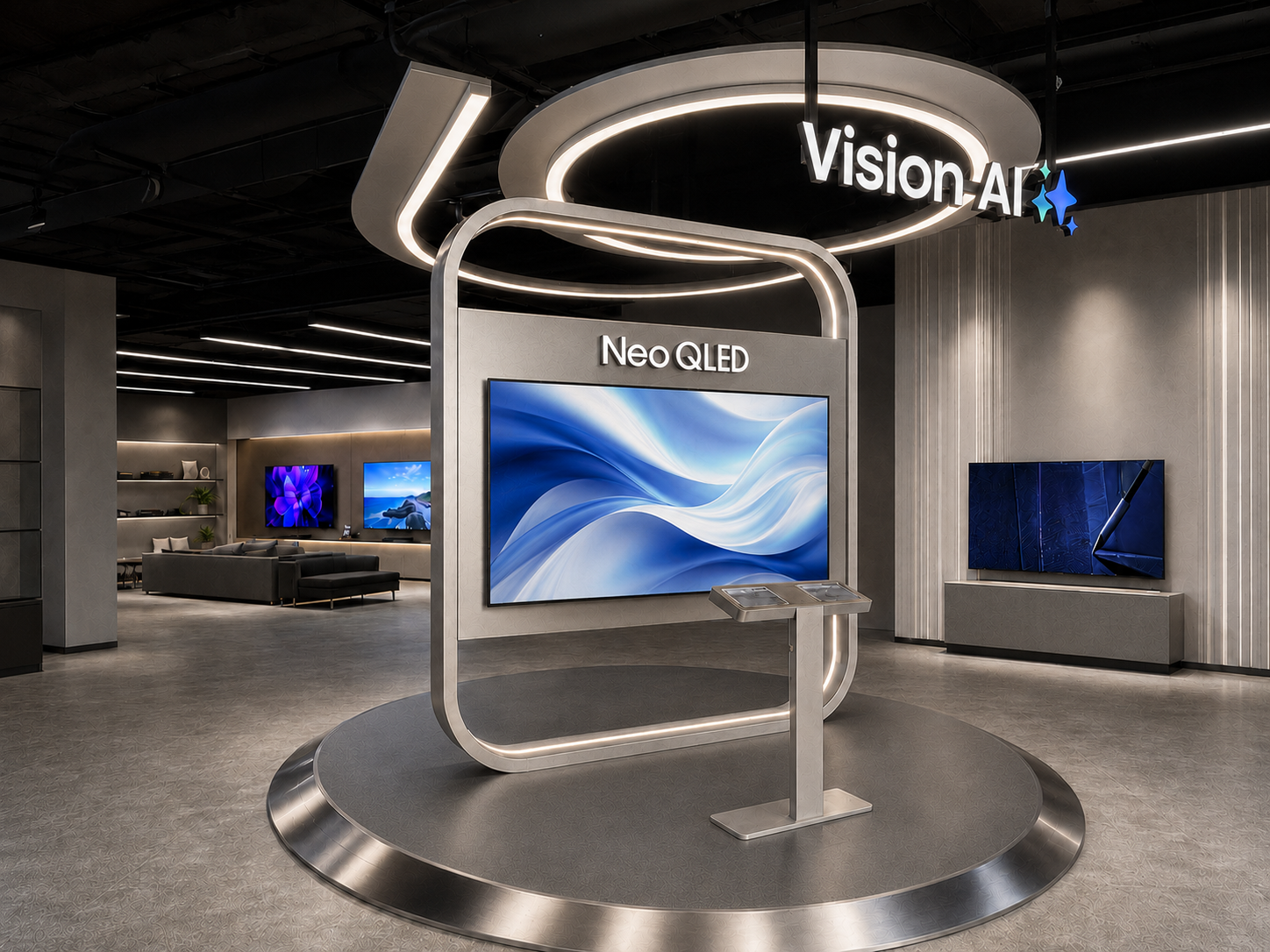 Samsung Vision AI flagship display with Neo QLED screen, interactive console, illuminated curved frame and circular platform
