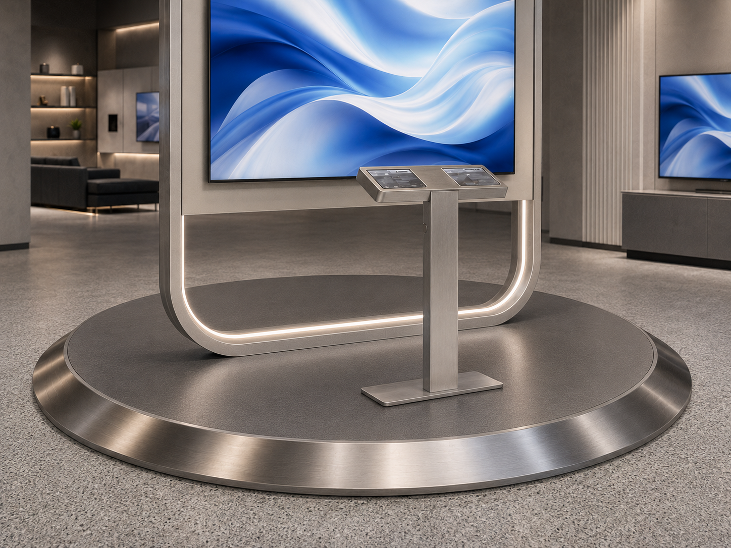 Circular brushed-metal platform, illuminated lower frame and interactive console detail of Samsung Vision AI flagship display