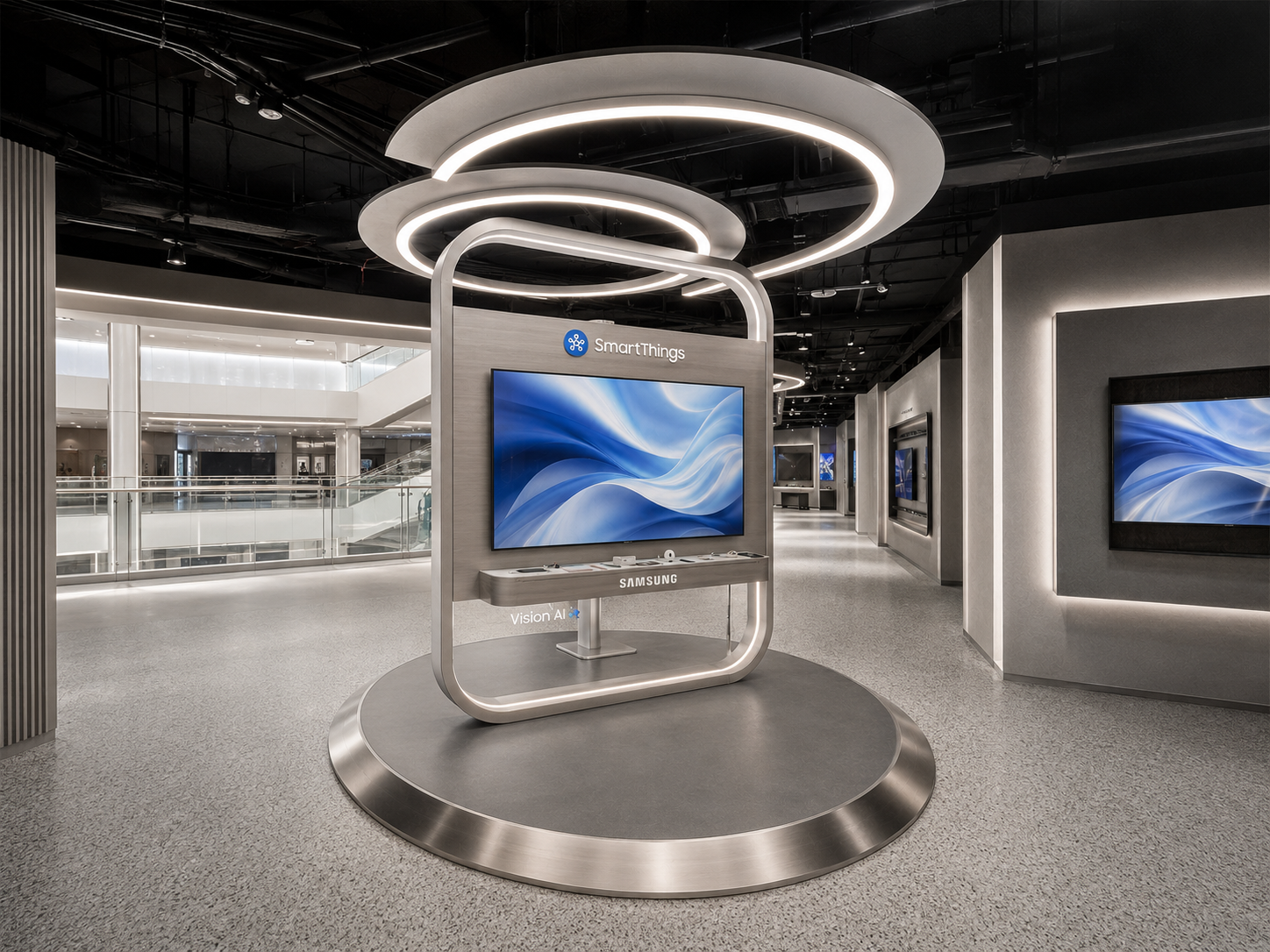Rear SmartThings side of Samsung Vision AI flagship display with screen, interaction shelf, illuminated frame and circular platform