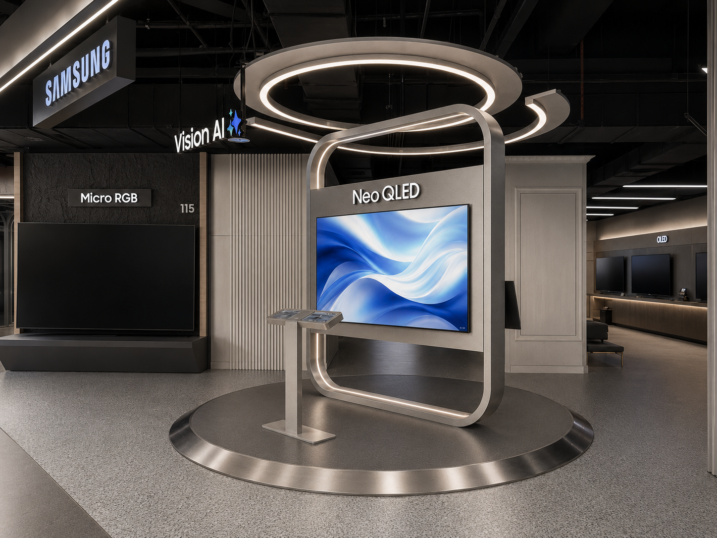 Three-quarter view of complete Samsung Vision AI flagship display island with circular platform, Neo QLED screen, illuminated frame and interaction console
