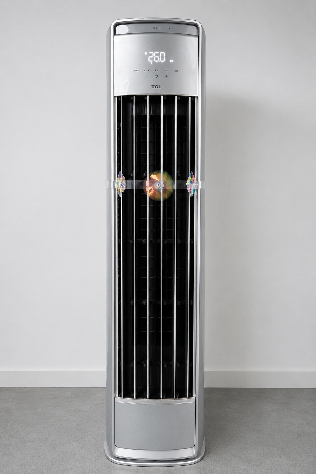 Full front view of TCL floor-standing air conditioner with airflow demonstration device installed
